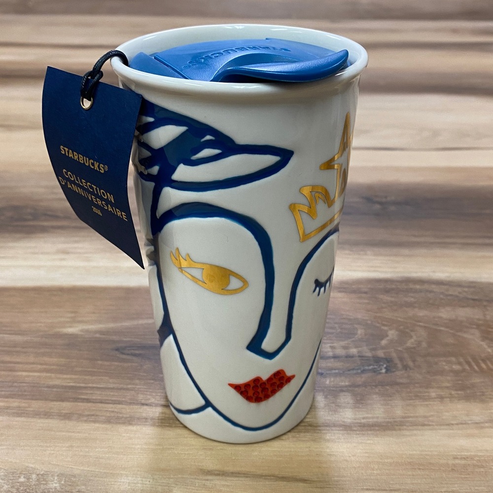 Starbucks Ceramic Travel Mug 10oz Anniversary Siren Mermaid Gold Foil Blue 2016
